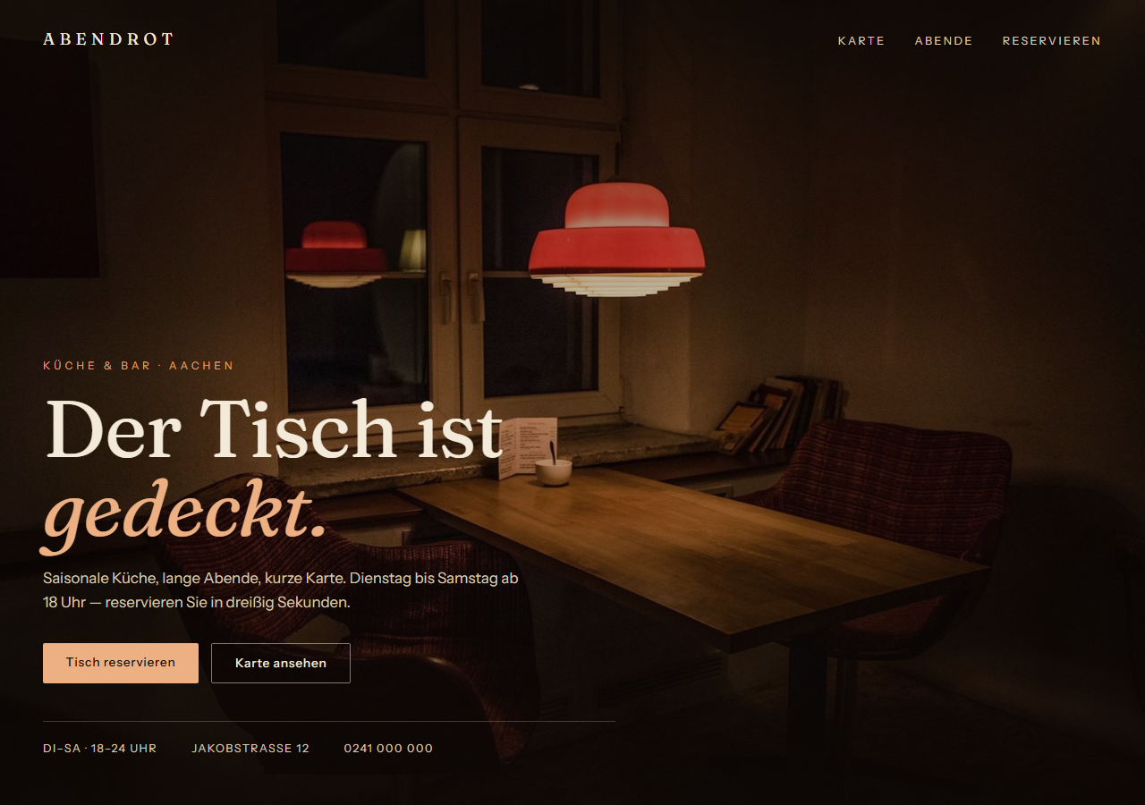 Concept website for a restaurant: Abendrot, kitchen and bar