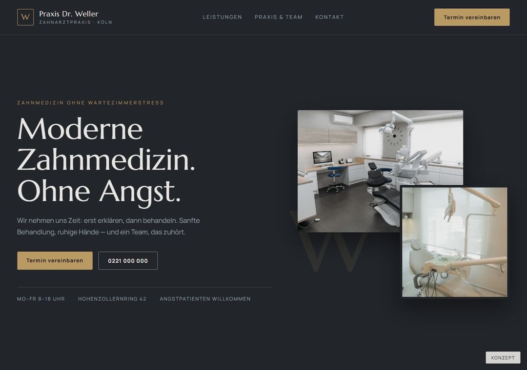 Bir diş kliniği için konsept web sitesi: Dr. Weller